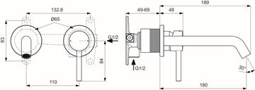 IDEAL STANDARD CERALINE umývadlová podomietková batéria, hodvábna čierna A6938XG Technický nákres
