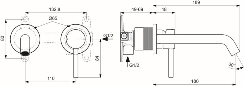 IDEAL STANDARD CERALINE umývadlová podomietková batéria, hodvábna čierna A6938XG Technický nákres