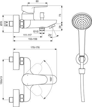 IDEAL STANDARD CERAFINE O vaňová nástenná batéria, s prepínačom, so sprchovou súpravou, hodvábna čierna BC706XG Technický nákres
