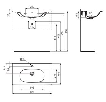IDEAL STANDARD TESI umývadlo 82,5 cm, s otvorom pre batériu a prepadom, čierna T3509V3 Technický nákres