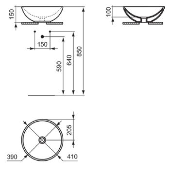 IDEAL STANDARD STRADA O umývadlová misa 41 cm, bez prepadu, čierna K0795V3 Technický nákres