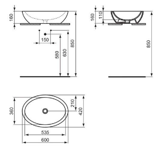 IDEAL STANDARD STRADA O umývadlová misa 60 cm, bez prepadu, čierna K0784V3 Technický nákres