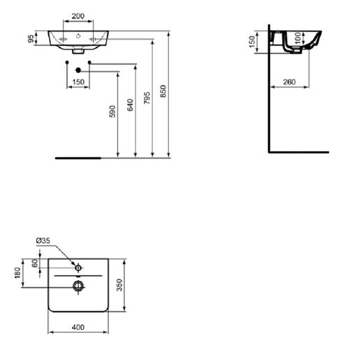 IDEAL STANDARD CONNECT AIR CUBE umývadlo 40 cm, s otvorom pre batériu a prepadom, čierna E0307V3 Technický nákres