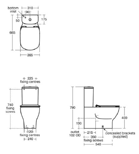 IDEAL STANDARD TESI WC kombi misa, Aquablade splachovanie, zadný odpad, matná čierna T5560V3 Technický nákres