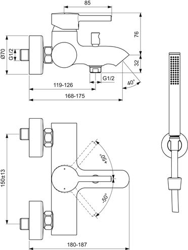 IDEAL STANDARD CERALINE vaňová nástenná batéria, s prepínačom, so sprchovou súpravou, hodvábna čierna BC270XG Technický nákres