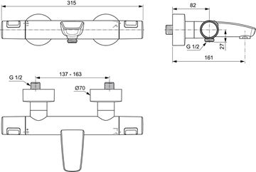 IDEAL STANDARD CERATHERM T25 vaňová nástenná termostatická batéria, s prepínačom, hodvábna čierna A7544XG Technický nákres