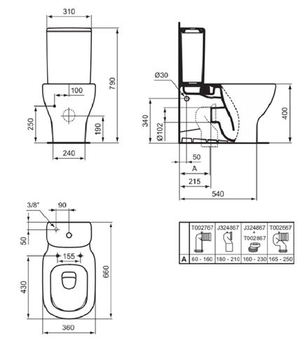 IDEAL STANDARD TESI WC kombi nádržka, spodný prívod vody, 2 množstvo splachovania, matná čierna T3568V3 Technický nákres