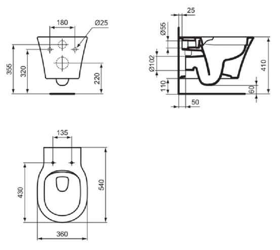 IDEAL STANDARD CONNECT AIR závesné WC, Rimless splachovanie, matná čierna E2288V3 Technický nákres