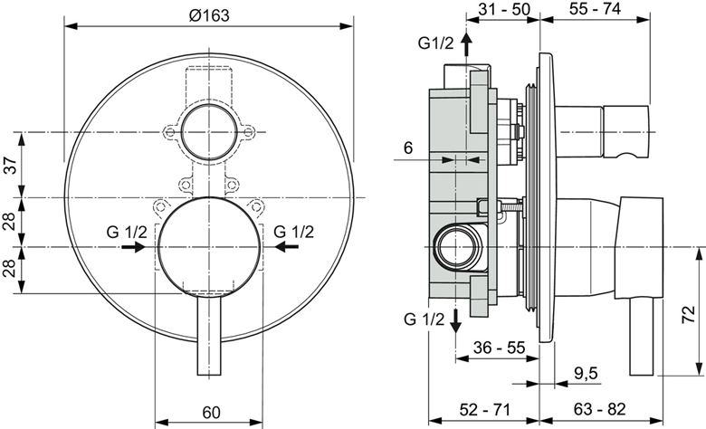 IDEAL STANDARD CERALINE vaňová podomietková batéria, s prepínačom, s telesom, hodvábna čierna A6939XG Technický nákres