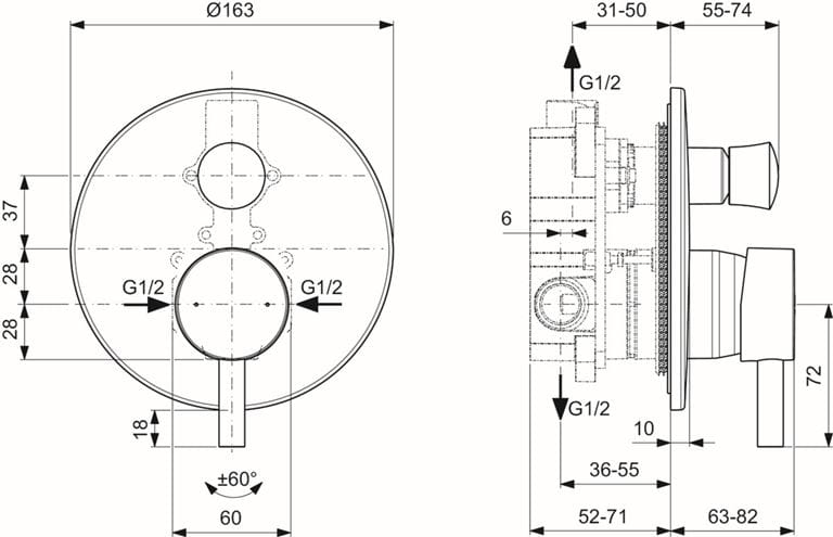 IDEAL STANDARD CERALINE vaňová podomietková batéria, s prepínačom, hodvábna čierna BD139XG Technický nákres