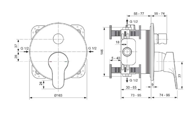 IDEAL STANDARD CERABASE vaňová podomietková batéria, s prepínačom, chróm A7395AA Technický nákres