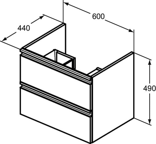 IDEAL STANDARD TESI skrinka pod umývadlo 60x44x49 cm, 2 zásuvky, hodvábna čierna T0050ZT Technický nákres