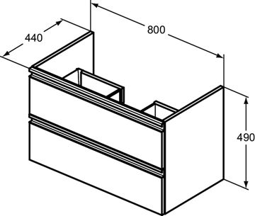 IDEAL STANDARD TESI skrinka pod umývadlo 80x44x49 cm, 2 zásuvky, hodvábna čierna T0051ZT Technický nákres