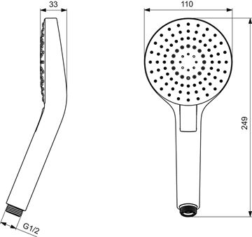 IDEAL STANDARD IDEALRAIN EVO ručná sprcha pr. 110 mm, 3 prúdy, chróm B2231AA Technický nákres