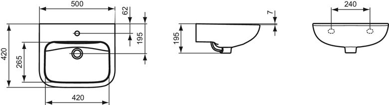 IDEAL STANDARD CONTOUR 21 umývadlo 50 cm, s otvorom pre batériu, bez prepadu S241201 Technický nákres