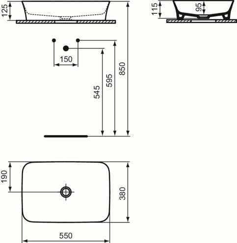 IDEAL STANDARD IPALYSS umývadlo na dosku 55 cm, bez prepadu E207601 Technický nákres