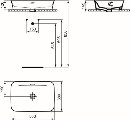 IDEAL STANDARD IPALYSS umývadlo na dosku 55 cm, s prepadom E207801 Technický nákres
