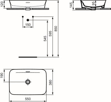 IDEAL STANDARD IPALYSS umývadlo na dosku 55 cm, s prepadom E207801 Technický nákres