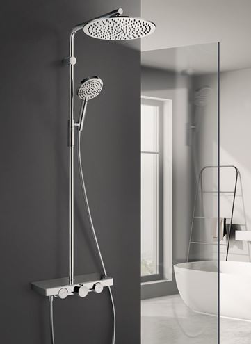 NDW COLONNA VETRO SIMETRY sprchový set s termostatickou batériou, horná sprcha, ručná sprcha s 3 prúdmi, tyč, hadica, chróm / čierne sklo PM10154/B Obrázek - fotka