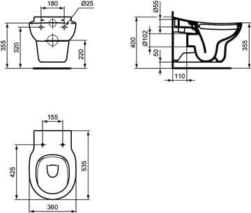IDEAL STANDARD CONTOUR 21 detské závesné WC, zadný odpad, rimless splachovanie S312801 Technický nákres