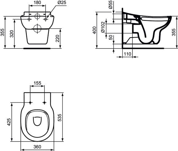 IDEAL STANDARD CONTOUR 21 detské závesné WC, zadný odpad, rimless splachovanie S312801 Technický nákres