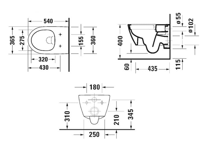 DURAVIT NO.1 závesné WC, so SoftClose sedadlom, Rimless splachovanie 45820900A1 Technický nákres