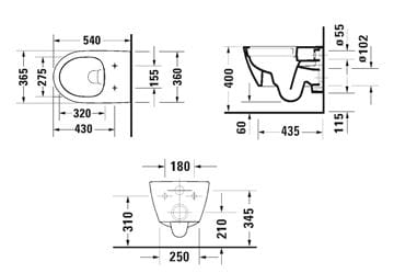 DURAVIT NO.1 závesné WC, so SoftClose sedadlom, Rimless splachovanie 45820900A1 Technický nákres