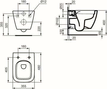 IDEAL STANDARD I.LIFE S závesné WC, Rimless splachovanie T459201 Technický nákres