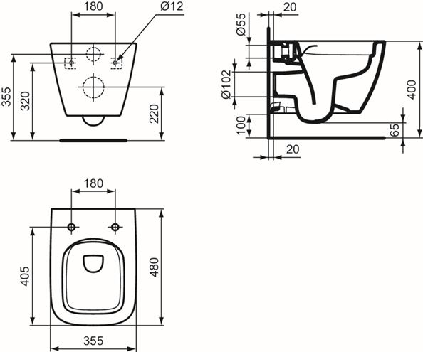 IDEAL STANDARD I.LIFE S závesné WC, Rimless splachovanie T459201 Technický nákres