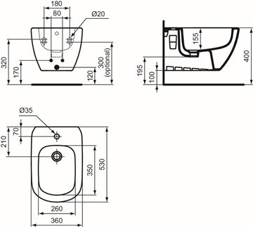 IDEAL STANDARD TESI závesný bidet T457001 Technický nákres