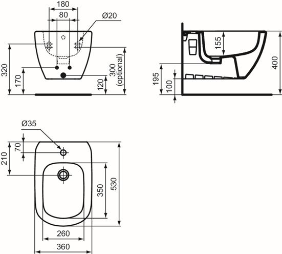 IDEAL STANDARD TESI závesný bidet T457001 Technický nákres