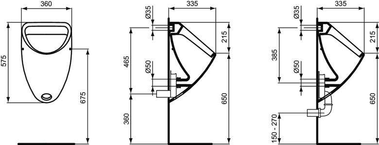 IDEAL STANDARD SIMPLICITY pisoár, zadný prívod vody E877201 Technický nákres