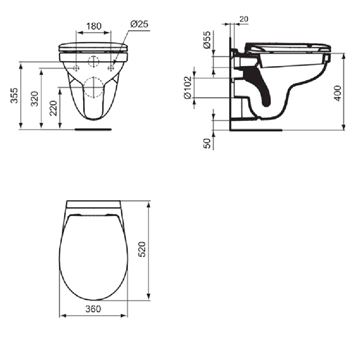 IDEAL STANDARD SIMPLICITY závesné WC, Rimless splachovanie W331301 Technický nákres