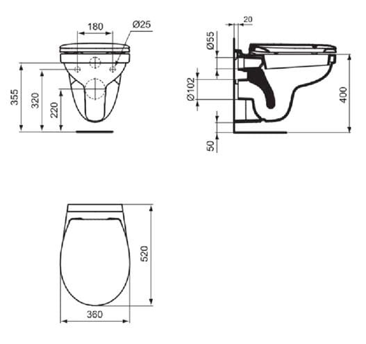 IDEAL STANDARD SIMPLICITY závesné WC, Rimless splachovanie W331301 Technický nákres