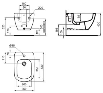 IDEAL STANDARD TESI závesný bidet, matná čierna T3552V3 Technický nákres