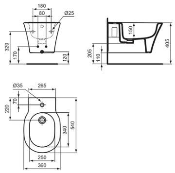IDEAL STANDARD CONNECT AIR závesný bidet, matná čierna E0266V3 Technický nákres