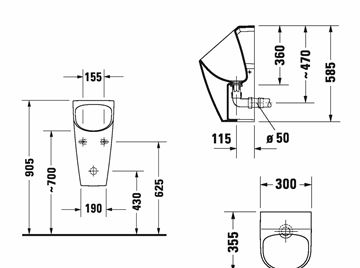 DURAVIT ME BY STARCK DRY pisoár, bez prívodu vody 2814300000 Technický nákres