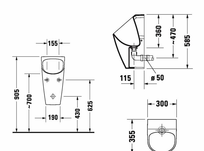 DURAVIT ME BY STARCK DRY pisoár, bez prívodu vody 2814300000 Technický nákres