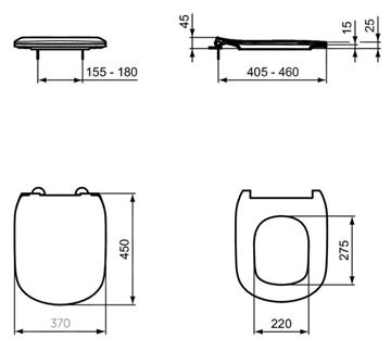 IDEAL STANDARD TESI WC sedátko ultra ploché, SoftClose, matná čierna T5522V3 Technický nákres