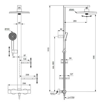 IDEAL STANDARD CERATHERM ALU+ sprchový set s termostatickou batériou, horná sprcha, ručná sprcha s 2 prúdmi, tyč, hadica, rosé BD583RO Technický nákres