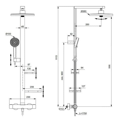 IDEAL STANDARD CERATHERM ALU+ sprchový set s termostatickou batériou, horná sprcha, ručná sprcha s 2 prúdmi, tyč, hadica, rosé BD583RO Technický nákres