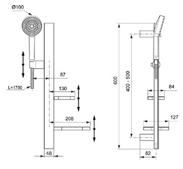 IDEAL STANDARD IDEALRAIN ALU+ sprchová súprava 5-dielna, ručná sprcha pr. 100 mm, 2 prúdy, tyč, hadica, mydelnička, polička, rosé BD586RO Technický nákres