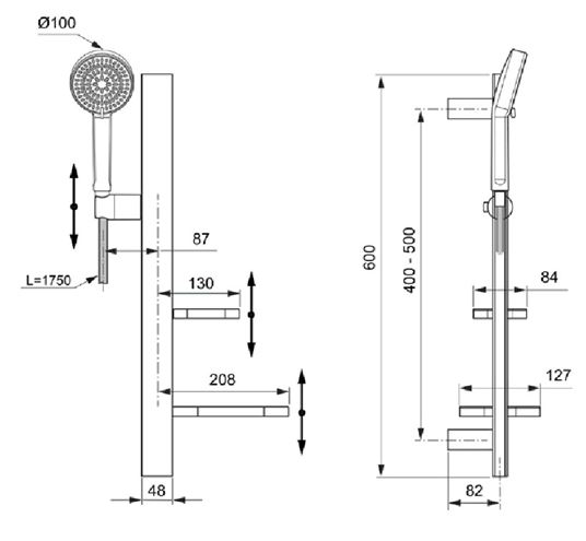 IDEAL STANDARD IDEALRAIN ALU+ sprchová súprava 5-dielna, ručná sprcha pr. 100 mm, 2 prúdy, tyč, hadica, mydelnička, polička, rosé BD586RO Technický nákres