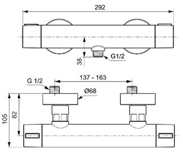 IDEAL STANDARD CERATHERM ALU+ sprchová nástenná termostatická batéria, rosé BD582RO Technický nákres