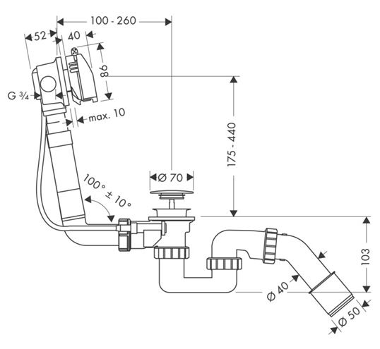 HANSGROHE EXAFILL vaňový sifón 52 cm, s napúšťaním prepadom, bovden, chróm 58123000 Technický nákres