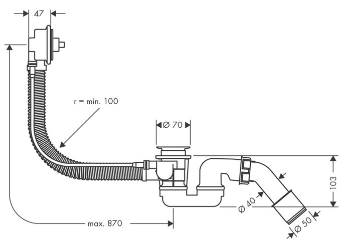 HANSGROHE FLEXAPLUS vaňový sifón 78 cm, bovden 58141180 Technický nákres