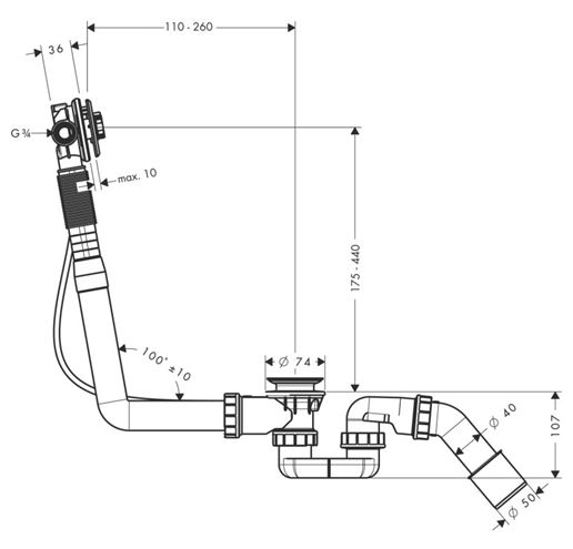 HANSGROHE EXAFILL S vaňový sifón 78 cm, s napúšťaním prepadom, bovden, chróm 58115180 Technický nákres