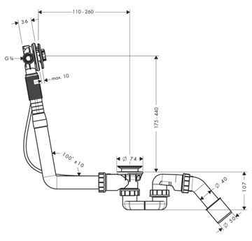 HANSGROHE EXAFILL S vaňový sifón 78 cm, s napúšťaním prepadom, bovden, chróm 58115180 Technický nákres