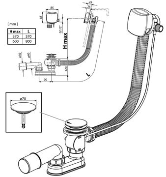 RAVAK vaňový sifón 80 cm, s napúšťaním prepadom, bovden, chróm X01504 Technický nákres