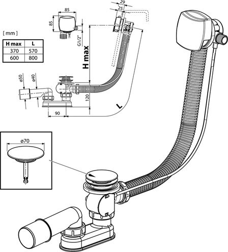 RAVAK vaňový sifón 80 cm, bovden, chróm X01506 Technický nákres